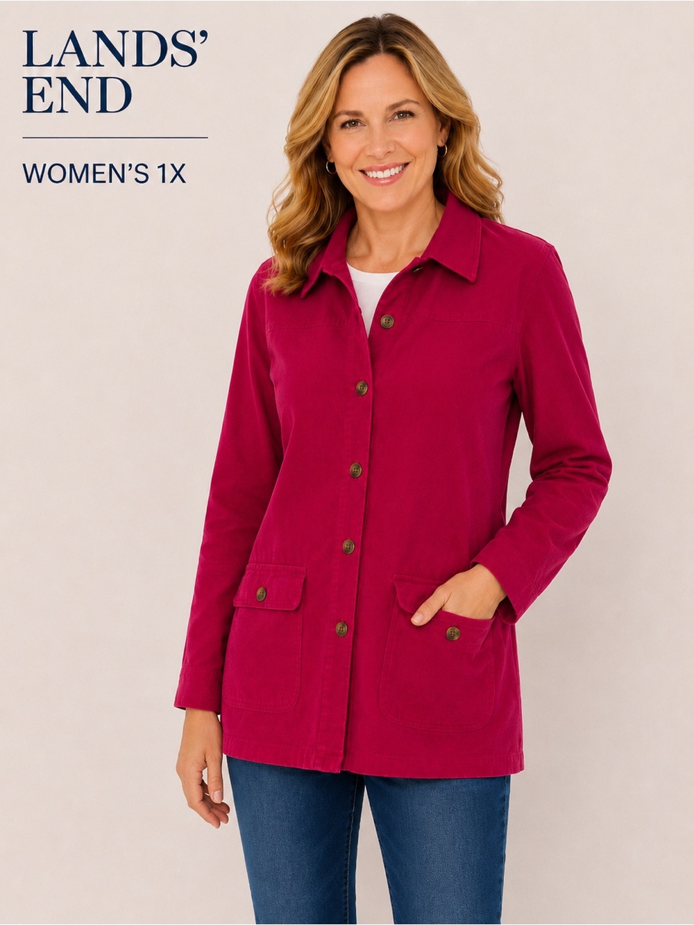 Lands’ End Women’s Pink Corduroy Button Front Utility Jacket Size XL